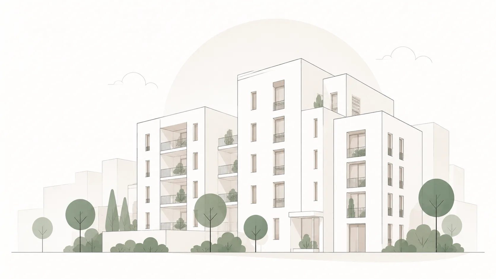 Illustrazione architettonica di un complesso residenziale con alberi